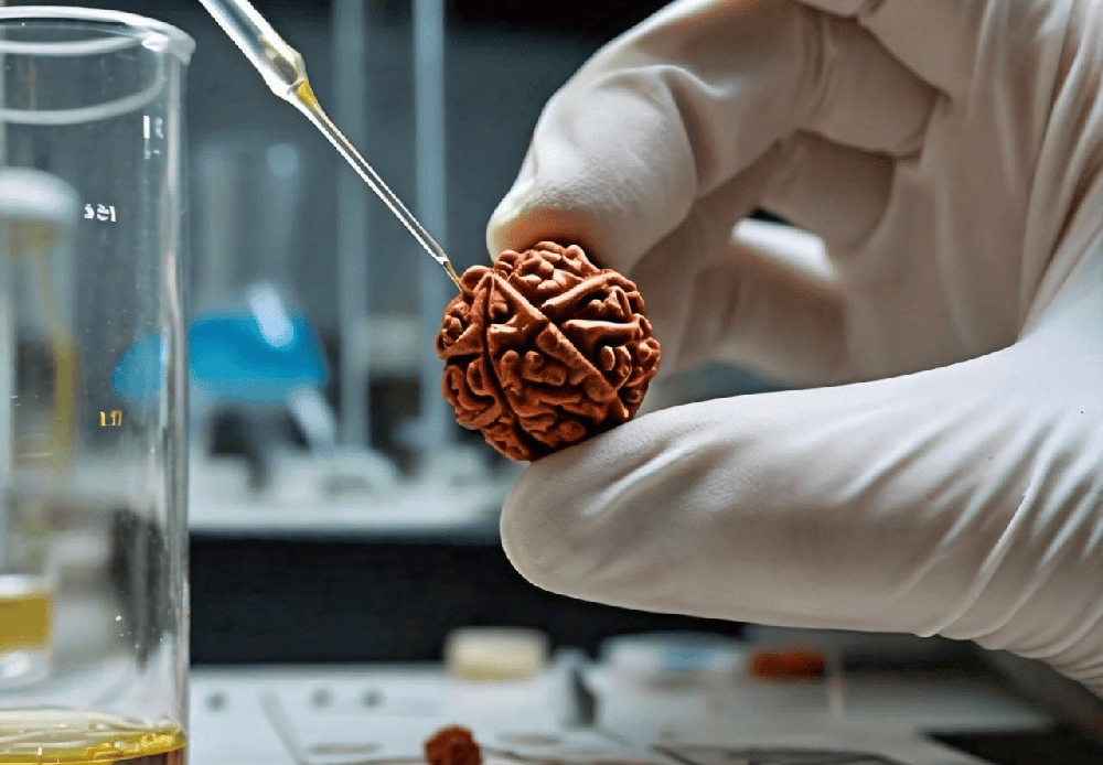 one rudraksha bead is being tested by a technitian in laboratory